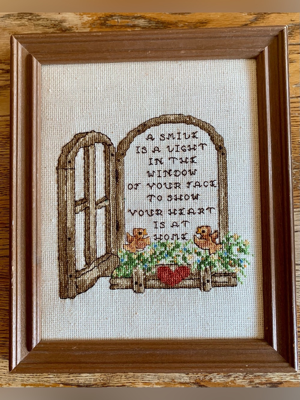 Vtg 80s Finished Cross Stitch “Smile Is A Light In The Window Of Your Face”